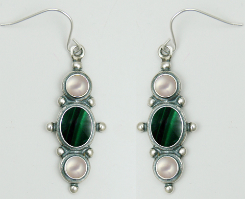 Sterling Silver Drop Dangle Earrings With Malachite And Cultured Freshwater Pearl